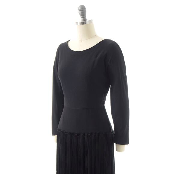 Vintage 1940s Dress 40s Fringe Tassels Black Rayon Long Sleeve Sheath Party - Picture 5 of 9